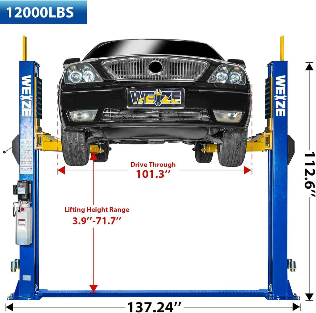 Weize 2 Post Automotive Car Lift, 12,000 lbs Capacity, 220V 4HP Powerful Motor with Single Point Lock Release for Repaire Shop